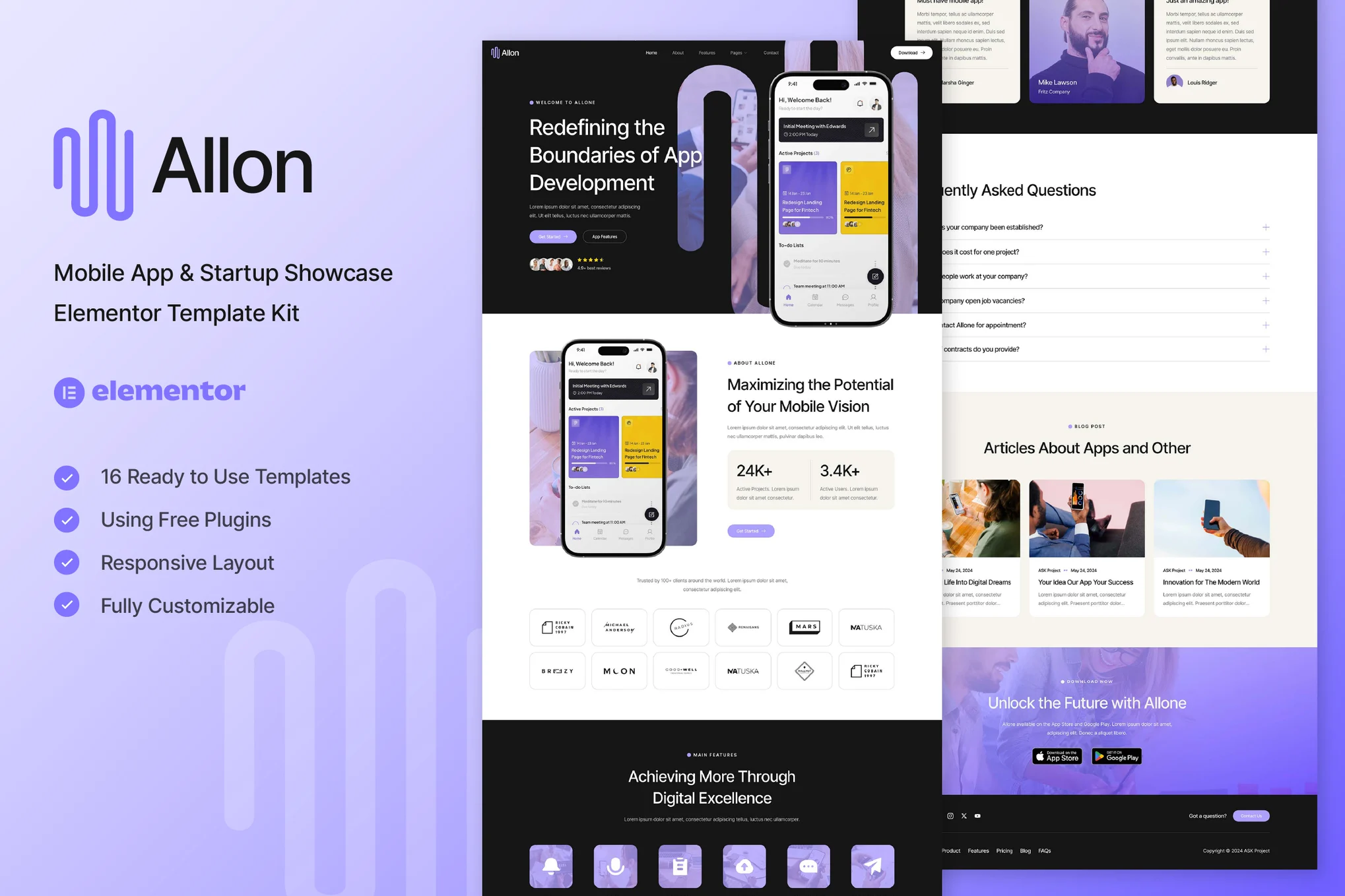 Allon - Mobile App & Startup Showcase Elementor Template Kit preview