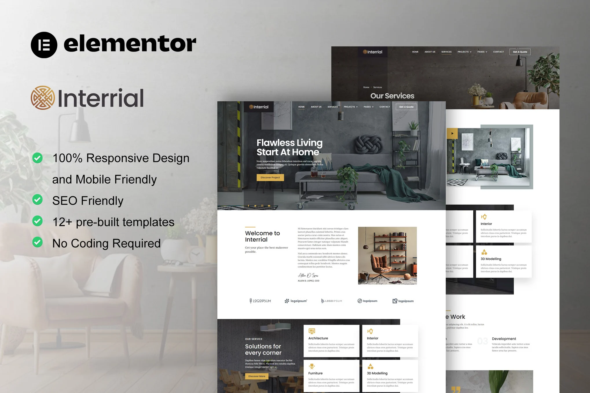 Interrial - Interior Design Service Elementor Template Kit preview