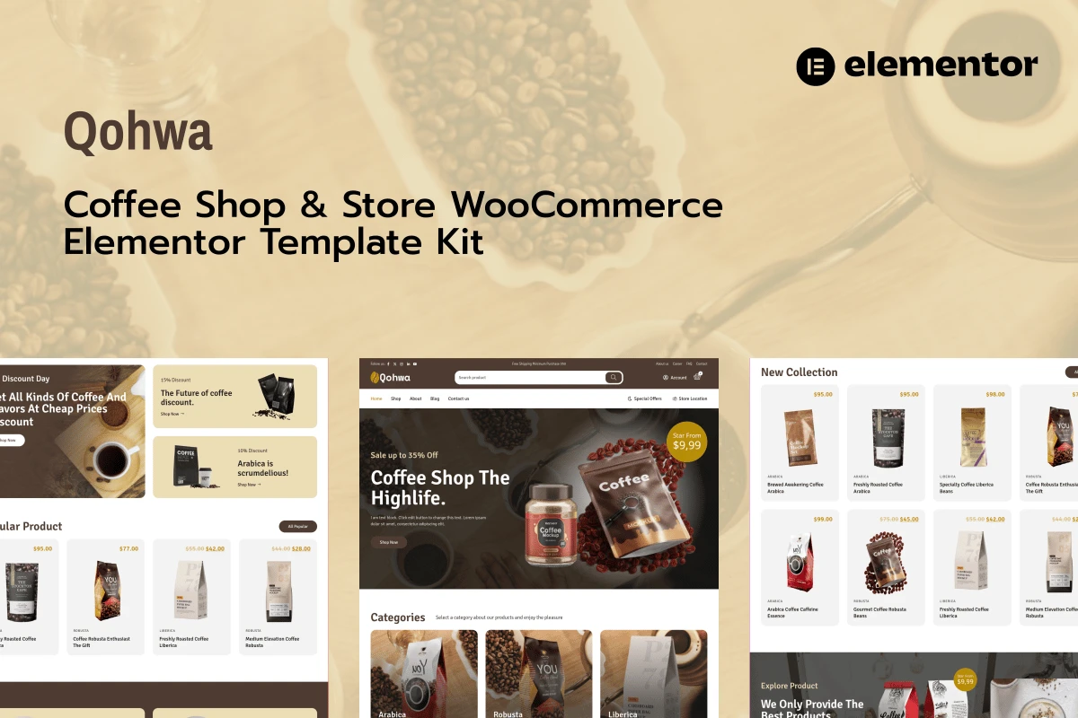 Qohwa - Coffee Shop & Store Ecommerce Elementor Pro Template Kit preview