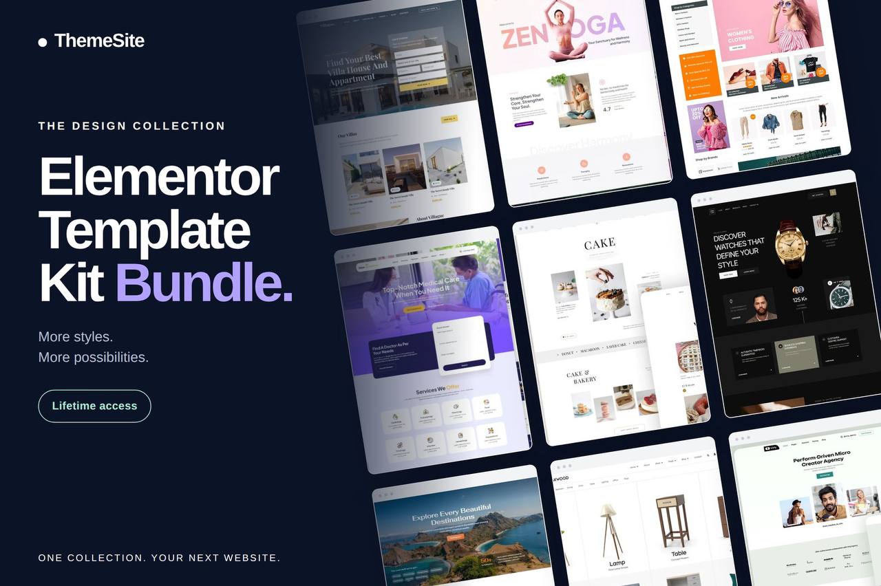 ThemeSite Elementor Template Kit Bundle with a gallery of website designs